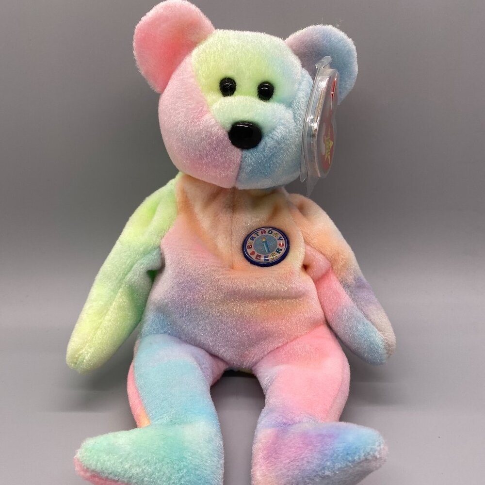 Ty Beanie Babies 1999 Pastel Colors Tie Dye Birthday Bear Stuffed Plush Toy